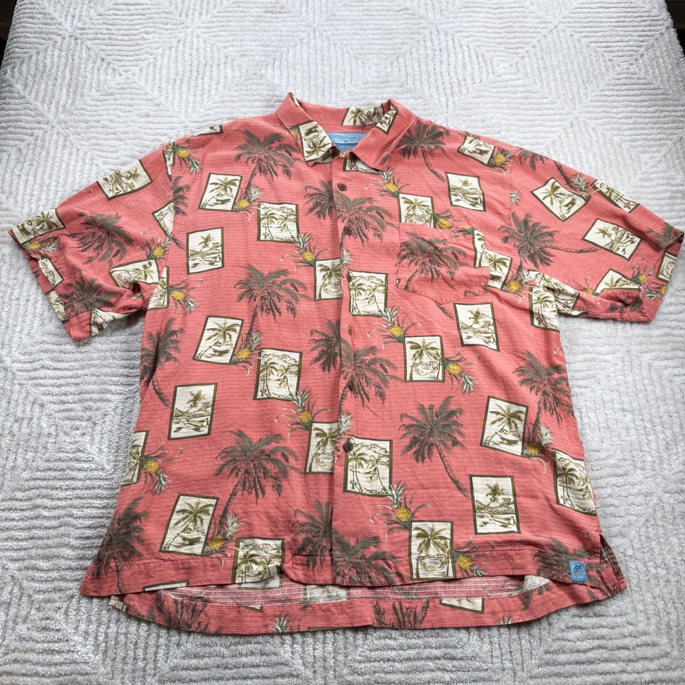 Bermuda Bay Silk Tropical Shirt Men's XXL Pink Palm Tree Postcard Hawaiian Camp